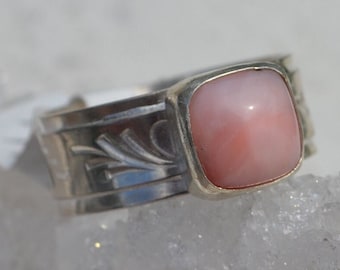 OOAK Pink Coral Square Stone Sterling Silver Ring Free Shipping