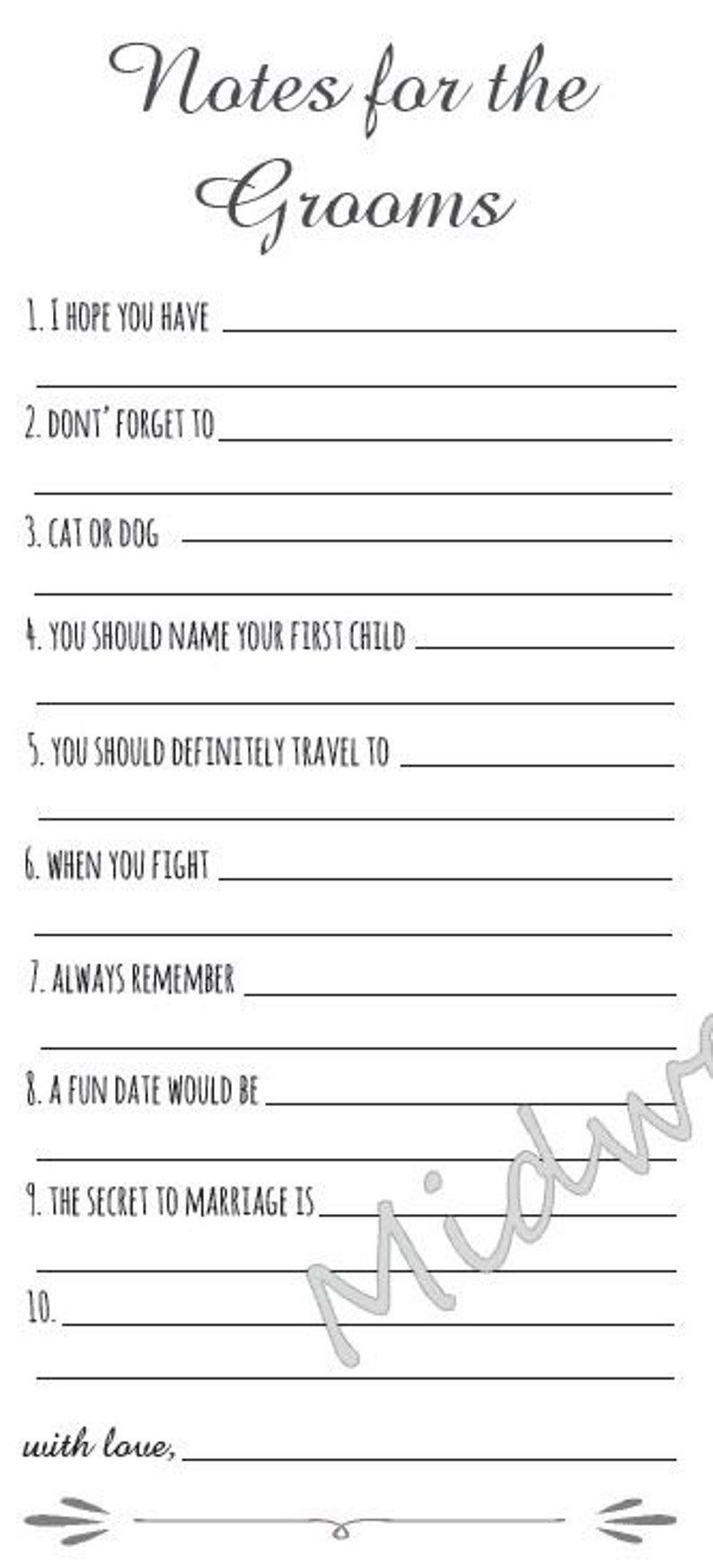 May include: A printable checklist for grooms with the title "Notes for the Grooms". The checklist includes ten prompts for the grooms to fill in, such as "I hope you have...", "Don't forget to...", and "The secret to marriage is..."