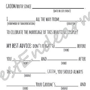 May include: A Mad Libs game designed for weddings. The game is printed on a white background with a gray banner at the top that says "Wedding Edition". The game is filled with blanks for players to fill in with words to create a funny story.