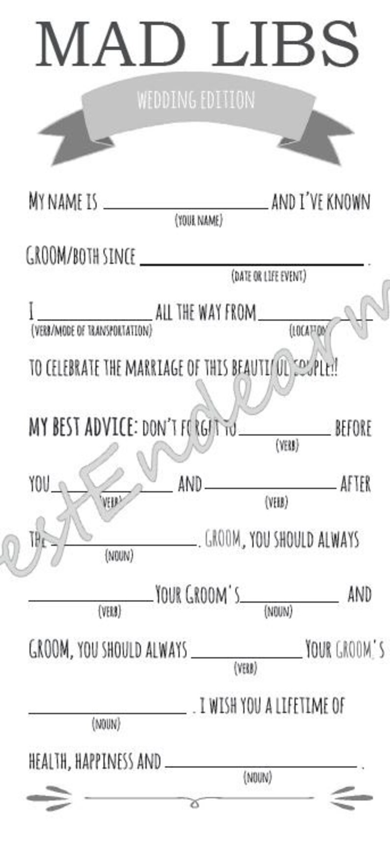 May include: A Mad Libs game designed for weddings. The game is printed on a white background with a gray banner at the top that says "Wedding Edition". The game is filled with blanks for players to fill in with words to create a funny story.
