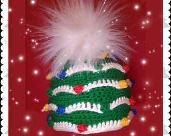 Magical hat Christmas tree crochet pattern elf Valentines day Halloween Easter Messy Bun Fur Pom Pom tutorial ugly sweater party