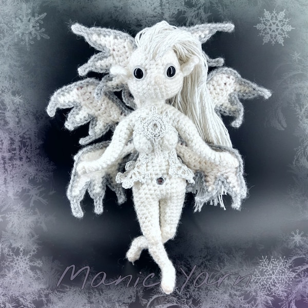 Winter Faerie Amigurumi modèle au crochet pdf télécharger uniquement lutin lutin fée poupée elfe elfe fantasy vampire sorcière fille blanc flocon de neige