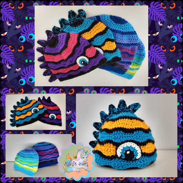 Monster Beanie crochet pattern hat toque Halloween costume dinosaur lizard fish dragon