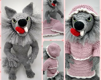 Big bad wolf Boogaloo PDF crochet pattern amigurumi digital download only Grimm fairy tale red riding hood three little pigs husky shephard