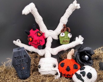 Mr Bone Headz Pop Off Head digital pdf download amigurumi crochet pattern download skeleton bones pumpkin halloween skull devil witch mummy