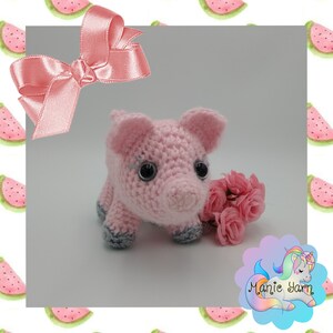 Puede incluir: Un cerdo de crochet rosa con ojos negros y patas grises. El cerdo está sentado sobre una superficie blanca con un ramo de flores rosas detrás. La imagen también incluye un logotipo para Manic Yarn.