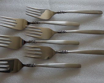 Ekco - EHP Bellissima Flatware. 6 Stainless Salad Forks - fork, Rose - Flower, Black accents