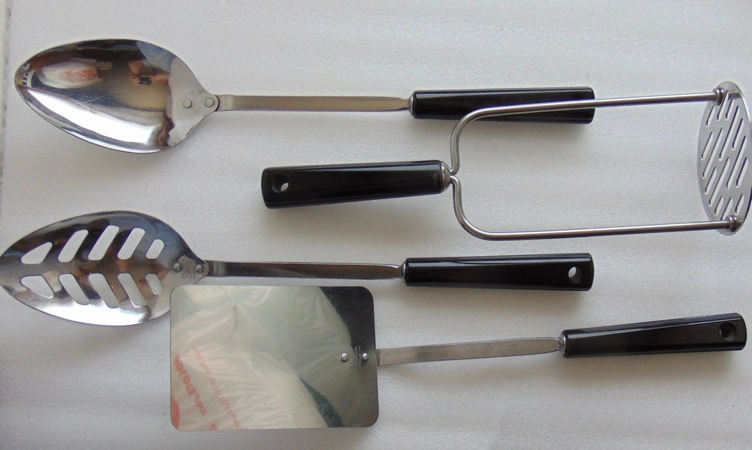 Vintage Androck Utensils Spatula Cooking Spoons Masher Black Bakelite Handles USA Etsy