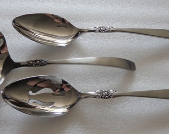 Ekco EHP Stainless Bellissima Flatware Serving mixed lot, 1 Pierced & 1 Solid Tablespoon - Serving Spoons, 1 Ladle, Rose, Black accents