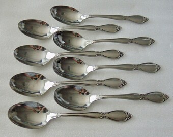 Vintage Chatelaine Stainless Flatware, 8 Soup Spoons - Spoon, Scrolls and Flowers