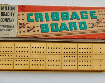 Vintage Milton Bradley Cribbage Board, Wood with Pegs, 2 Players Track