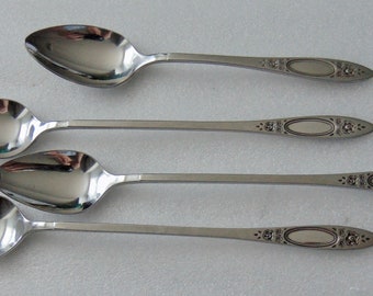 Vintage Oneida Vignette Stainless mixed lot 3 Ice Tea Spoons & 1 Teaspoon Community Flatware Silver Ware Flowers Beaded