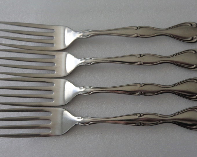 Oneida Community Cantata glossy Flatware, 4 Stainless Dinner Forks - fork, Scrolls