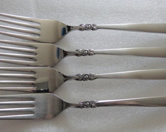 Ekco - EHP Bellissima Flatware. 4 Stainless Dinner Forks - fork, Rose - Flower, Black accents