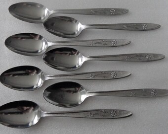 SR - Stanley Roberts Florentine Rose Flatware, 7 Stainless Teaspoons - Tea Spoons - spoon, Flowers