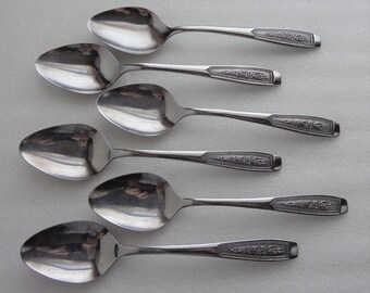 Vintage 6 Imperial Stainless Teaspoons - Tea spoon Unknown Flowers Beaded Flatware Korea