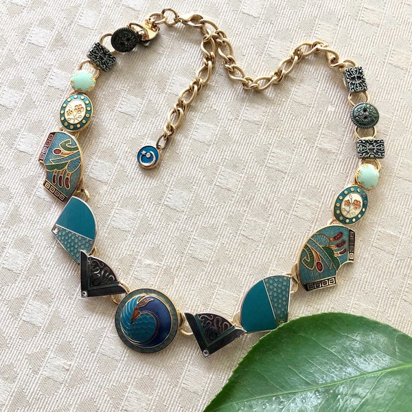 Repurposed Genuine Cloisonne Vintage Found Objects Necklace Shades Of Teal Handcrafted One Of A Kind Adjustible  "Visions Of The Ocean"