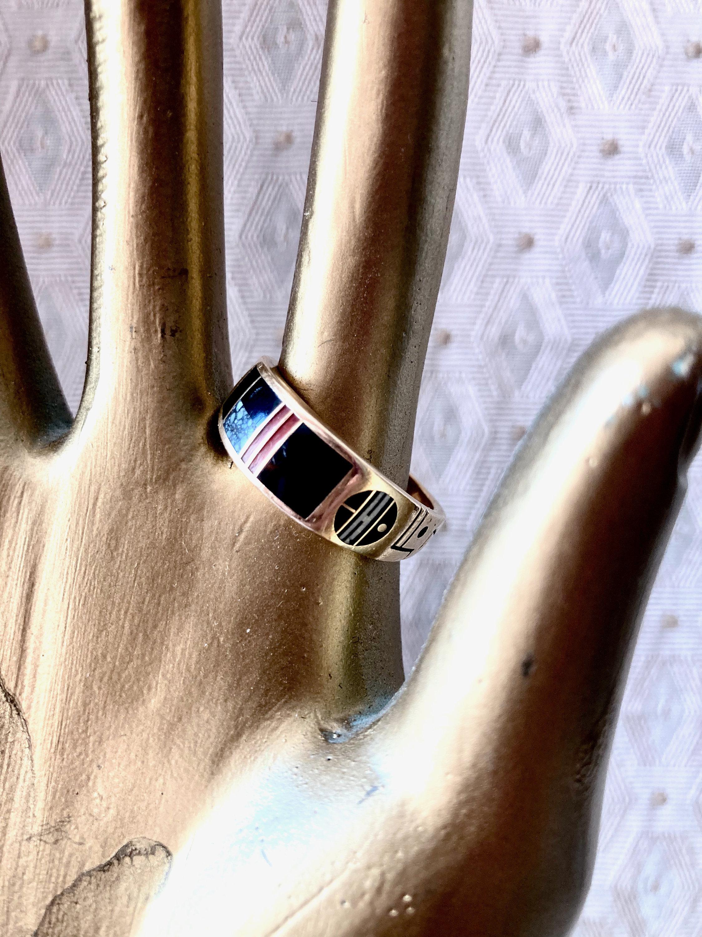 Signed Vintage Ray Tracey 14K Gold Ring, Size 12, Inlaid Stones