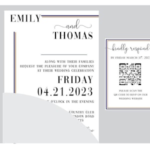 May include: A wedding invitation with a black and white design. The invitation is for Emily and Thomas, and it states that the wedding will be held on Friday, April 21, 2023, at 7 o'clock in the evening at the Country Club. The invitation also includes a QR code for guests to RSVP.