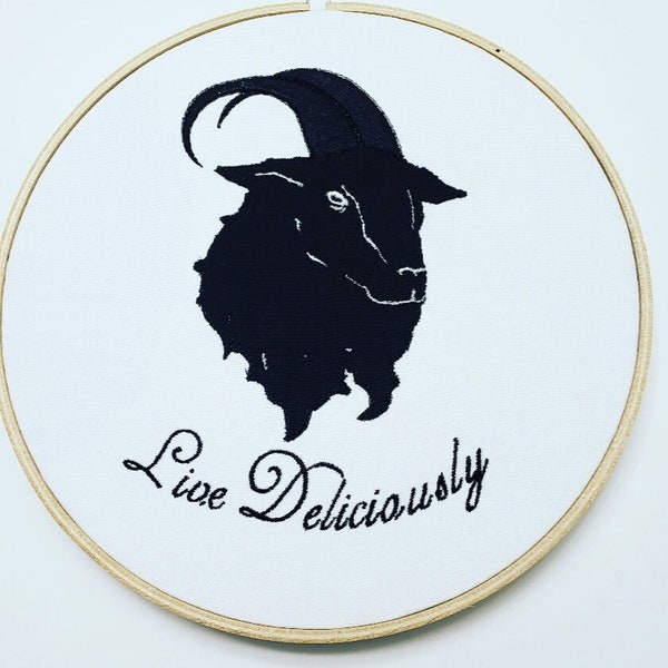 Black Phillip - The VVitch - Live Deliciously or Custom Quote - Hoop Art or Towel - The Witch Embroidery Decor