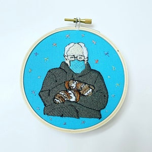Bernie in a Chair 2021 Embroidery Hoop Art - 4 inch hoop - Funny Embroidery Bernie Meme