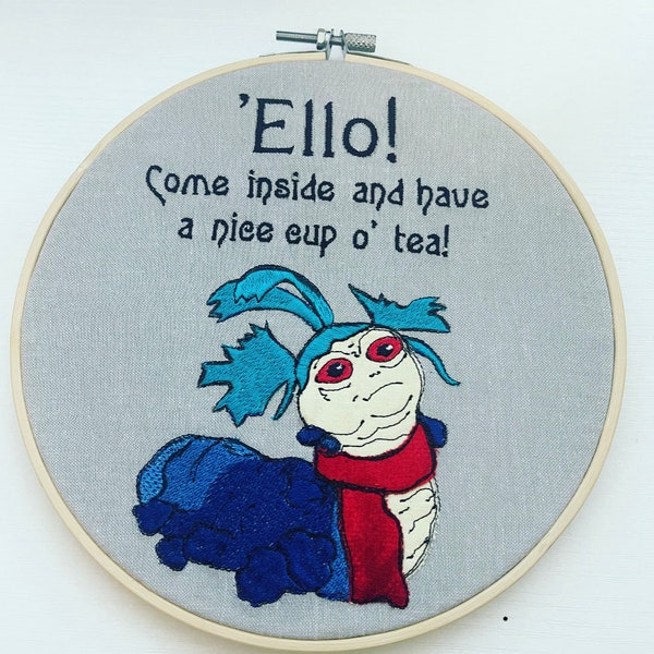 The Labyrinth Worm - Ello Come Inside and Have A Nice Cup O Tea - Labyrinth  Embroidery - 8 inch hoop - Goblin King Labyrinth Decor