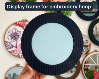 Display frame for embroidery hoop. Decorative cover for embroidery hoop. Easy wall hanging.
