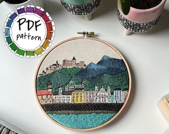 Salzburg, Austria. Hand Embroidery Pattern PDF. DIY Embroidery Art, Housewarming Gift. Free Hand embroidery guide, video tutorials