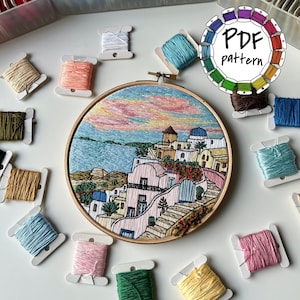 Santorini, Greece. Hand Embroidery Pattern PDF. DIY Embroidery Art, Housewarming Gift. Free Hand embroidery guide, video tutorials