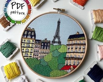 Paris, France. Architectural Hand Embroidery Pattern PDF. DIY Embroidery Art, Housewarming Gift. Free Hand embroidery guide, video tutorials