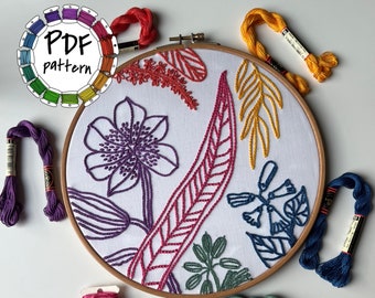 Floral chain stitch embroidery pattern for beginners. Mono stitch DIY. PDF Embroidery pattern with video tutorial. Wall Decor. Stitch guide