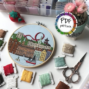 Copenhagen 2, Denmark. Hand Embroidery pattern PDF. DIY Embroidery Hoop art, Wall Decor, Housewarming Gift. Free Hand embroidery guide!
