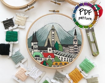 Reykjavik, Iceland. Hand Embroidery pattern PDF. DIY Embroidery Hoop art, Wall Decor, Housewarming Gift. Free Hand embroidery guide!