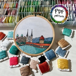 Lucerne, Switzerland. Hand Embroidery Pattern PDF. DIY Embroidery Art, Housewarming Gift. Free Hand embroidery guide, video tutorials