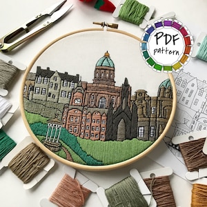 Edinburgh Schottland, Vereinigtes Königreich. Handstickerei Anleitung PDF. Stickrahmen 20x20cm, Stickrahmen 20x20 cm, Einweihungsparty Geschenk, Wanddeko Geschenk, gratis Stickanleitung