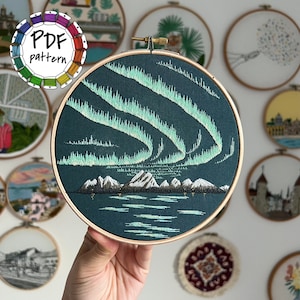 Northern lights hand embroidery pattern. Hand Embroidery pattern PDF. DIY. Embroidery Hoop art, Hand Embroidery, Decor, Housewarming