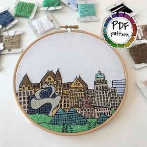Edmonton, Canada. Hand Embroidery Pattern PDF. DIY Embroidery Art, Housewarming Gift. Free Hand embroidery guide, video tutorials