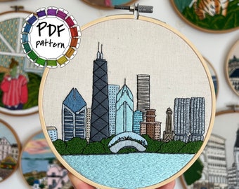 Chicago IL, United States. Hand Embroidery Pattern PDF. DIY Embroidery Art, Housewarming Gift. Free Hand embroidery guide, video tutorials