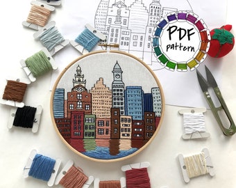 Boston MA, United States. Hand Embroidery pattern PDF. DIY. Embroidery Hoop art, Wall Decor, housewarming Gift. Free Hand embroidery guide!
