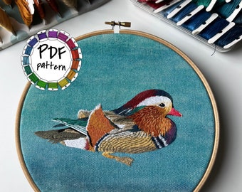 Mandarin Duck. Thread-painting pattern. Hand Embroidery Pattern PDF. DIY. Embroidery Hoop art, Hand Embroidery, Wall Decor. Stitch guide