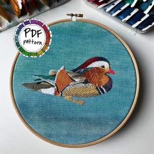 Mandarin Duck. Thread-painting pattern. Hand Embroidery Pattern PDF. DIY. Embroidery Hoop art, Hand Embroidery, Wall Decor. Stitch guide