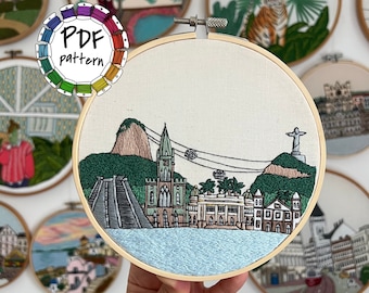 Rio de Janeiro, Brazil. Hand Embroidery Pattern PDF. DIY Embroidery Art, Housewarming Gift. Free Hand embroidery guide, video tutorials