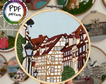 Nuremberg and half-timbered houses. Fachwerkhäuser. Hand Embroidery pattern PDF. DIY. Hoop art, Hand Embroidery, Wall Decor, Housewarming