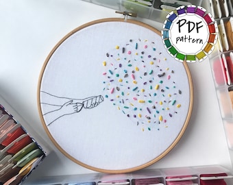 Party popper. 7 embroidery stitches tutorial. Hand Embroidery pattern PDF DIY, Hoop art, Wall Decor, Housewarming Gift. Stitch guide