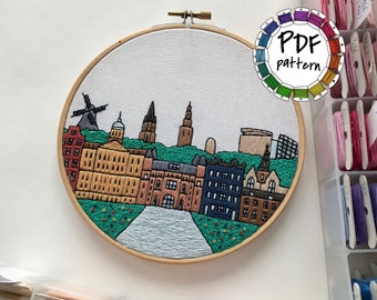 Amsterdam, Netherlands. Hand Embroidery pattern PDF. DIY. Embroidery Hoop art, Wall Decor, Housewarming Gift. Free Hand embroidery guide!