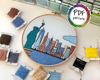 New York NY, United States. Hand Embroidery pattern PDF. Embroidery Hoop art. DIY. Wall Decor, Housewarming Gift. Free Hand embroidery guide