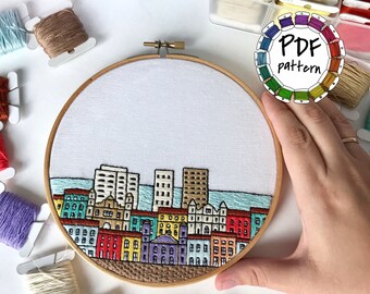 Salvador da Bahia, Brazil. Hand Embroidery pattern PDF. DIY. Embroidery Hoop art, Wall Decor, Housewarming Gift. Free Hand embroidery guide!