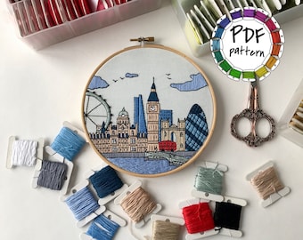 London, United Kingdom. Hand Embroidery pattern PDF. DIY.Embroidery Hoop art,  Wall Decor, Housewarming Gift. Free Hand embroidery guide!