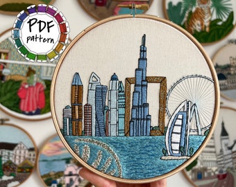 Dubai, United Arab Emirates. Hand Embroidery Pattern PDF. DIY Embroidery Art, Housewarming Gift. Free Hand embroidery guide, video tutorials