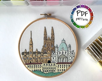 Vienna, Austria. Hand Embroidery pattern PDF. DIY. Embroidery Hoop art, Wall Decor, Housewarming Gift. Free Hand embroidery guide!